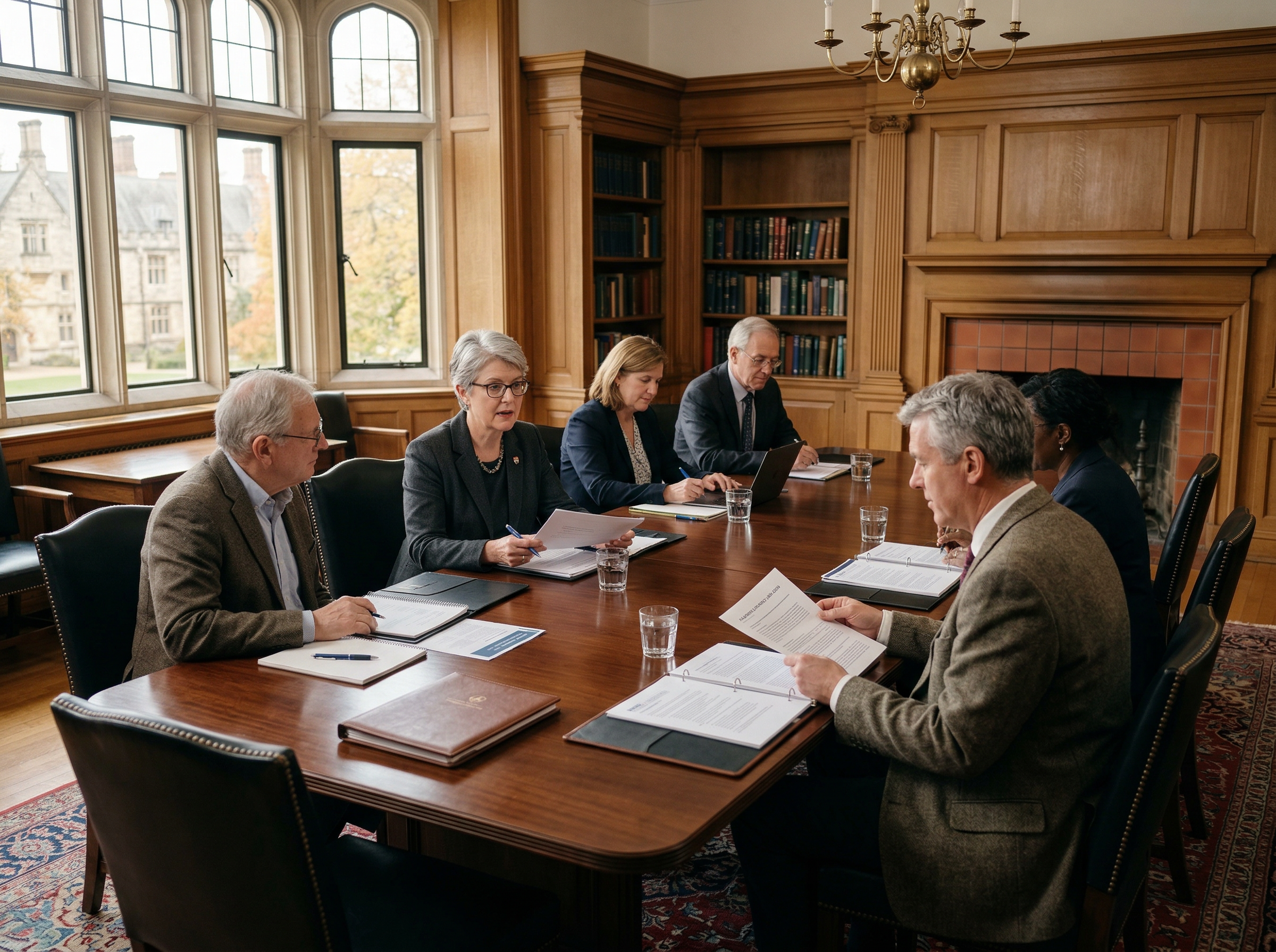 Senior professionals in an academic boardroom reviewing documents