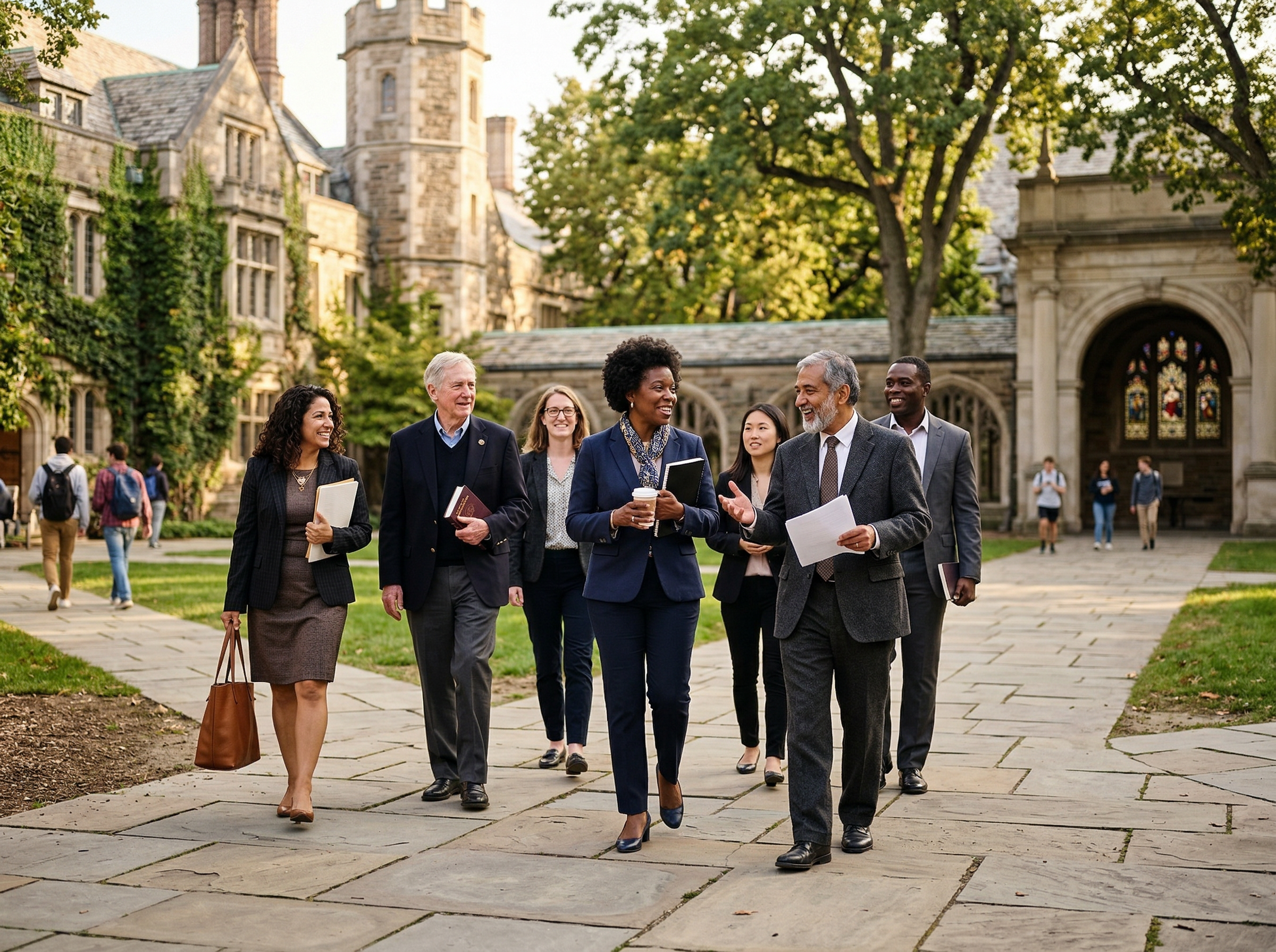 Diverse group of academic leaders walking across a university campus courtyard